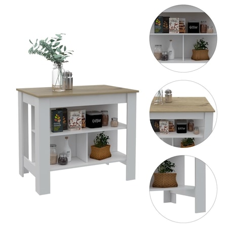Tuhome Cala Kitchen Island, Four Legs, Three Shelves, White/Light Oak ABD5011